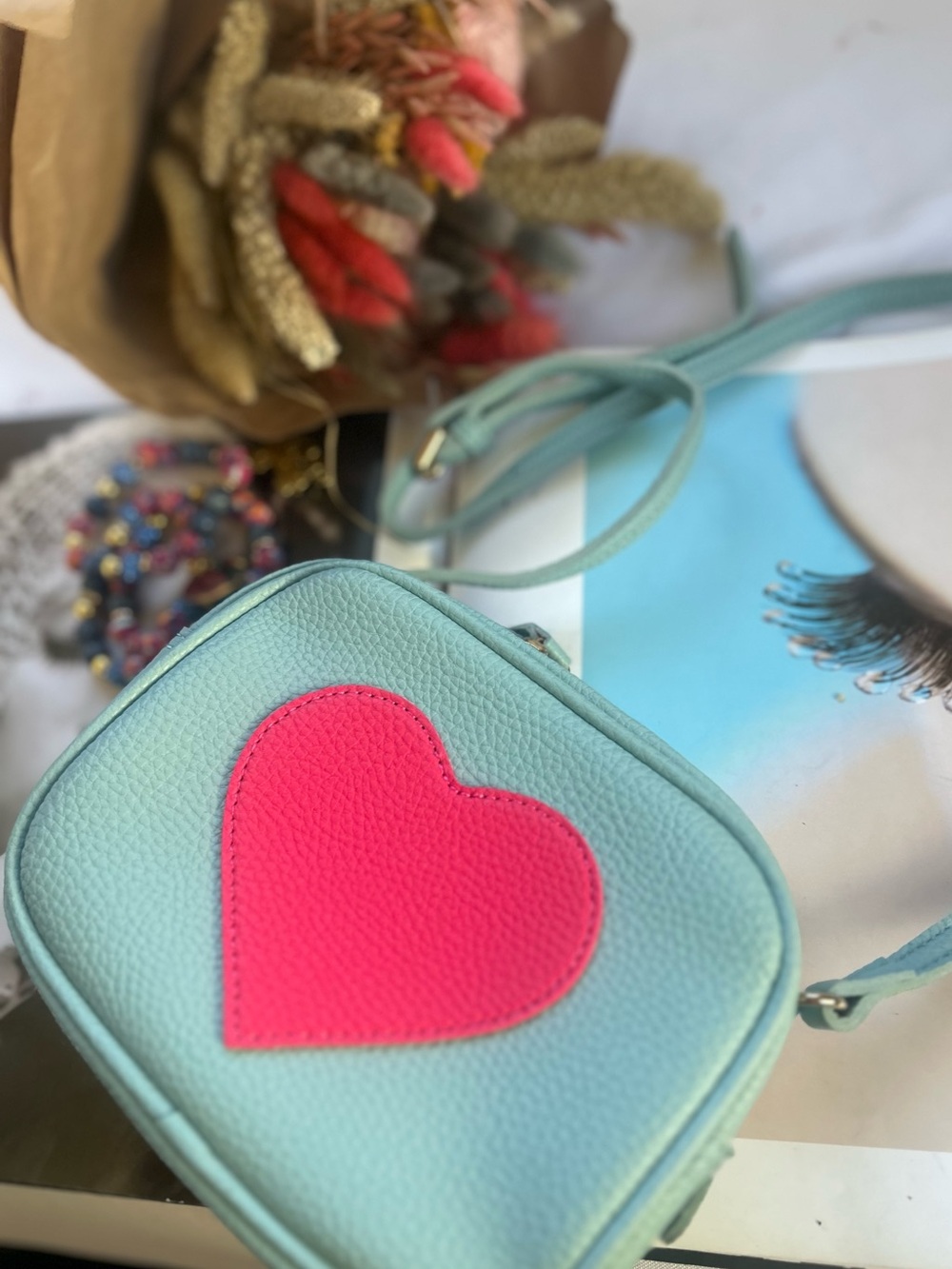 Women's Crossbody Bag with Pink Heart Accent - Light Blue new
New